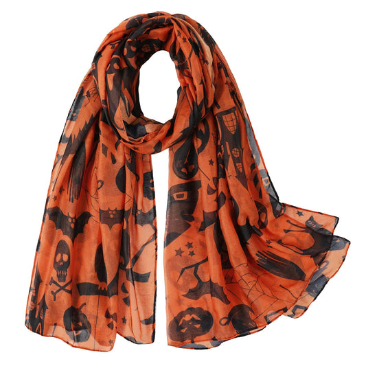 E-Clover Halloween Orange Scarf for Women Lightweight Cotton Voile Cute Printed Scarves Fall Fashion Shawl Wraps