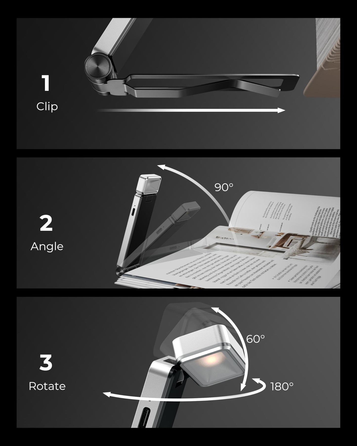86lux Book Light, Rechargeable Clip-On LED Reading Light for Bed & Night Use - 3 Color Temperatures with Stepless Dimming, Ultralight Bookmark Design for Kids, Book Lovers, Grey