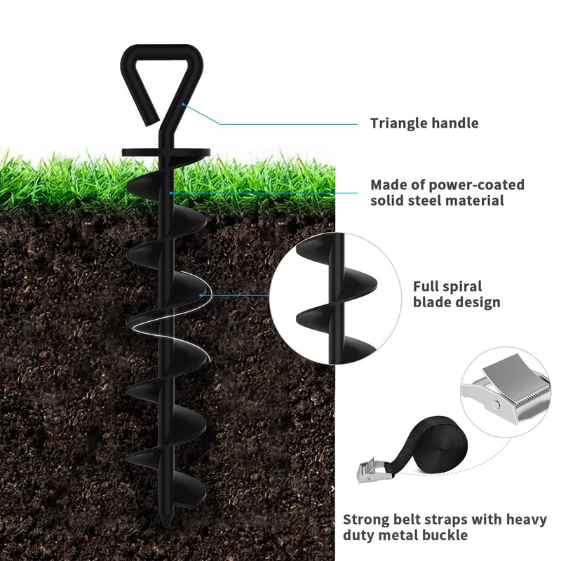 Eurmax USA 4 Pack Heavy Duty Ground Stakes,Industrial Grade Spiral Steel Screw-in Trampoline Anchors with 4 Reinforced Straps,High Wind Stabilizing Kit for Dog Tie-Out,Canopies,Sheds,Swing Sets,Black