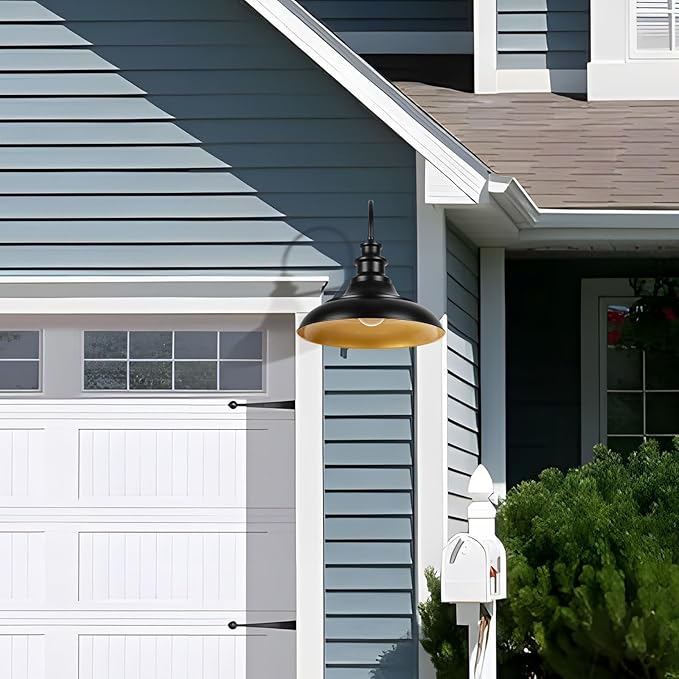 Outdoor Barn Light Fixtures, 16 Inch Large Dome Farmhouse Exterior Wall Mount Lights, Rustic Gooseneck Wall Sconces Indoor Wall Lighting, Industrial Black Gold Lanterns for Porch, Garage, 2 Pack