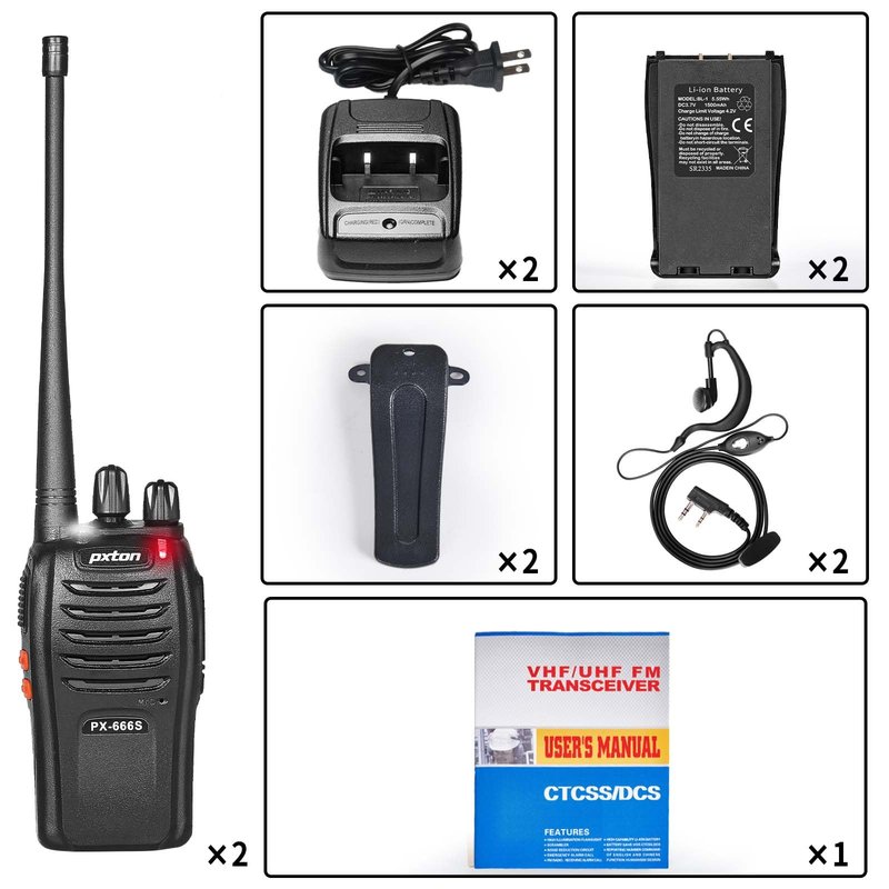 pxton walkie talkies, 666S walkie talkies for Adults Long Range Rechargeable with Headphones and Li-ion Battery,2 Way radios has VOX/Noise Reduction/TOT/Flashlight/Monitoring/Scan Function（2 Pack）