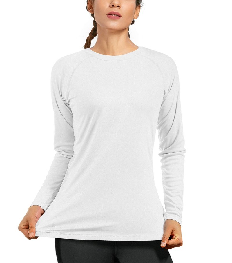 Womens UPF 50+ Long Sleeve Workout Running Shirts Lightweight UV Sun Protection Hiking Tee Tops for Rash Guard Swimming Fishing White