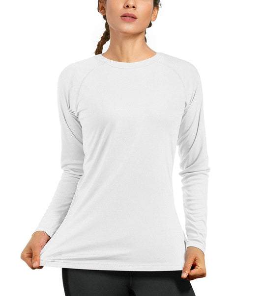 Womens UPF 50+ Long Sleeve Workout Running Shirts Lightweight UV Sun Protection Hiking Tee Tops for Rash Guard Swimming Fishing White