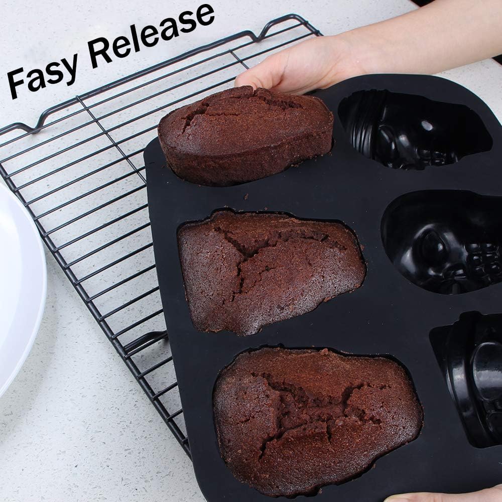 enttgo Skull Cake Pan, 6 Cavity Silicone Mold, Pirate Skull Molds For Baking, Halloween, Birthday Party