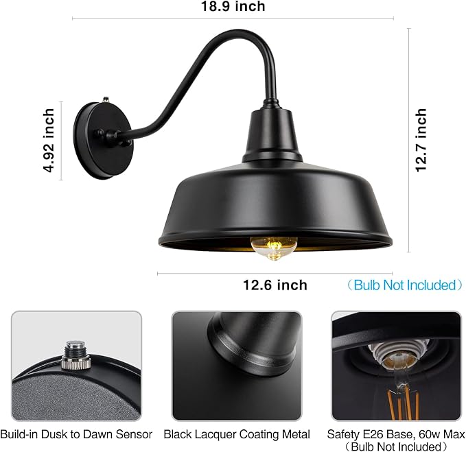 Gooseneck Barn-Lights Outdoor Fixture - 12.6 inch Farm Style Black Large Lighting Farmhouse Exterior Sconce Wall Light for House, Dusk to Dawn Sensor Front Door Porch Garage (12.6 inch)
