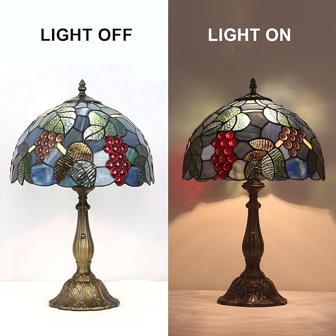Tiffany Table Lamp Stained Glass Bedside Table Lamp Desk Reading Light 12 Inches Bedroom Living Room Home Office Decor Lamp(Grape)