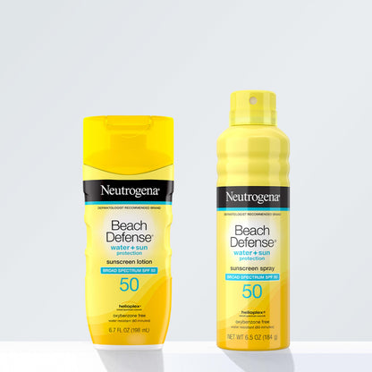 Neutrogena Sunscreen Lotion Beach Defense SPF 50, Face and Body Sunscreen, Hawaii Reef Act 104 Compliant, Octinoxate & Oxybenzone Free, Oil Free, Fast Absorbing Sun Care, 6.7 fl oz