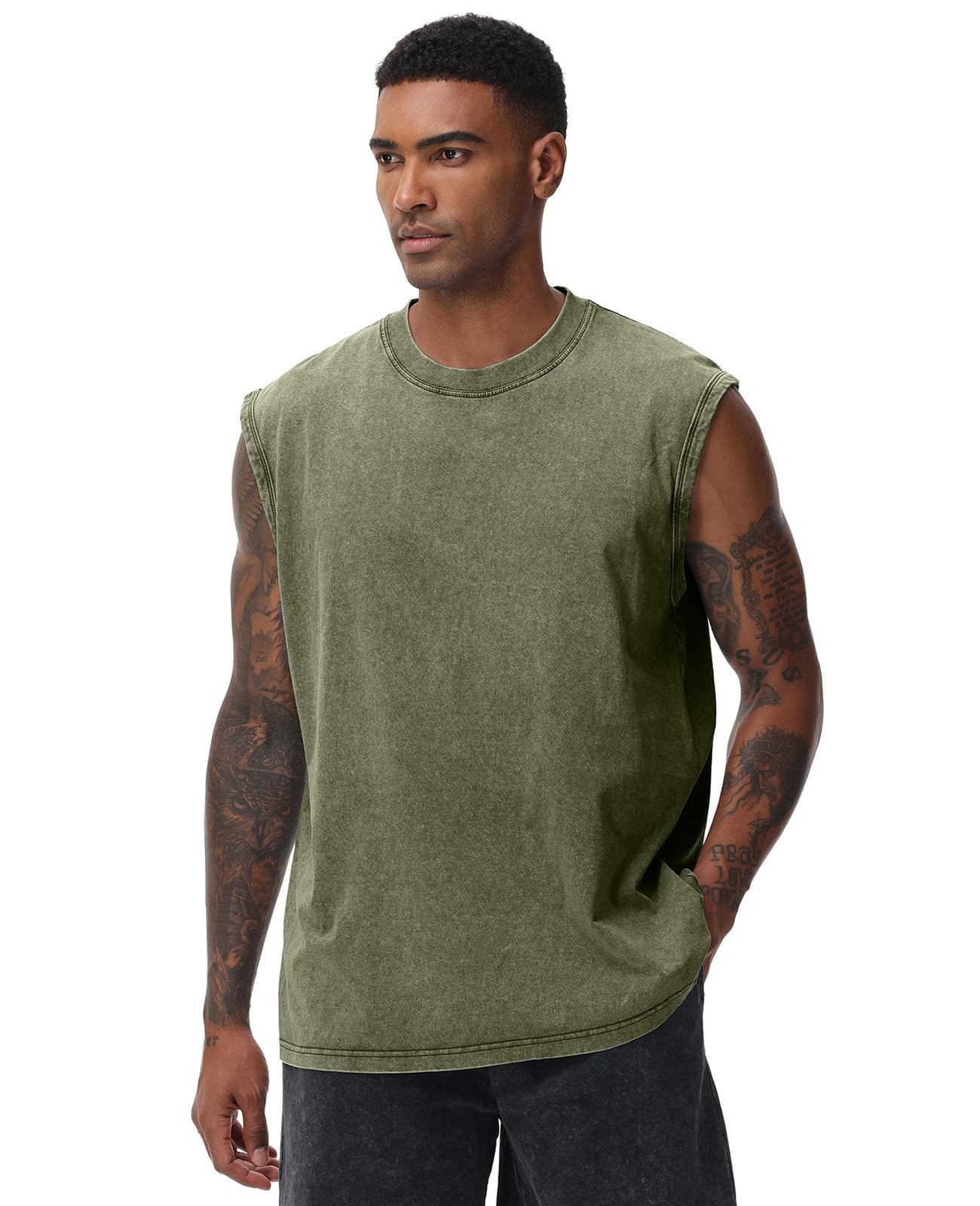 SnowElve 4 Pack Mens Workout Tank Tops Sleeveless Tee Shirts Men Muscle Shirt Gym Acid Wash T Shirts Running Beach Loose Fit Tee(BKAGCFBG,3XL)