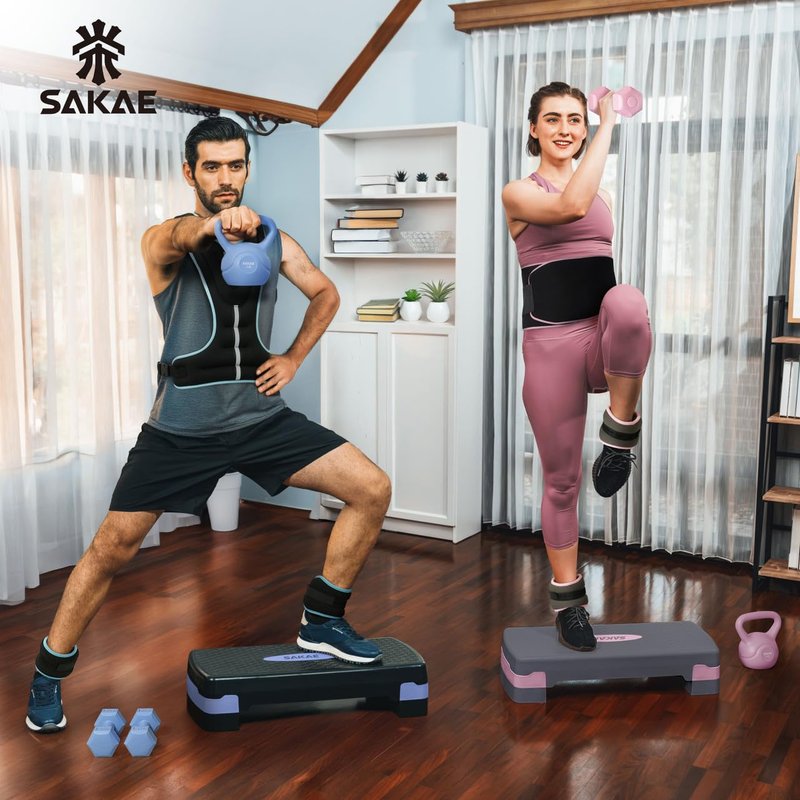 Blue Black Exercise Step Platform Set with Kettlebell & Measuring Tape, Adjustable Height 2 Level Risers Workout Step Trainer, Aerobic Steppers for Home Gym Exercise Fitness Workout
