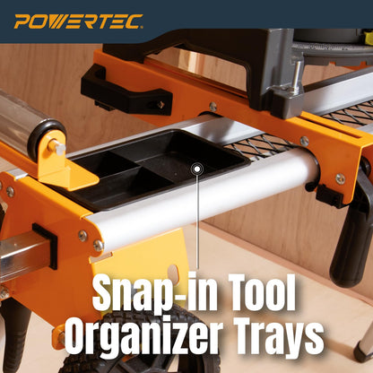 POWERTEC Miter Saw Stand w/Wheels, Collapsible and Portable Tool Stand with Systematic Tool Storage Trays, 330Lbs Load Capacity and Quick-Release Mounting Brackets, Miter Saw Accessories (MT4008VNEW)