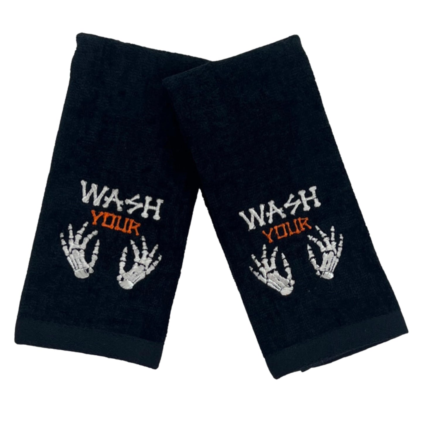 Halloween Fingertip Bathroom Towels Set of 2 – 12" x 18" Black 100% Cotton with Funny “Wash Your Hands or Bones” Design – Spooky & Humorous Bathroom and Kitchen Decor