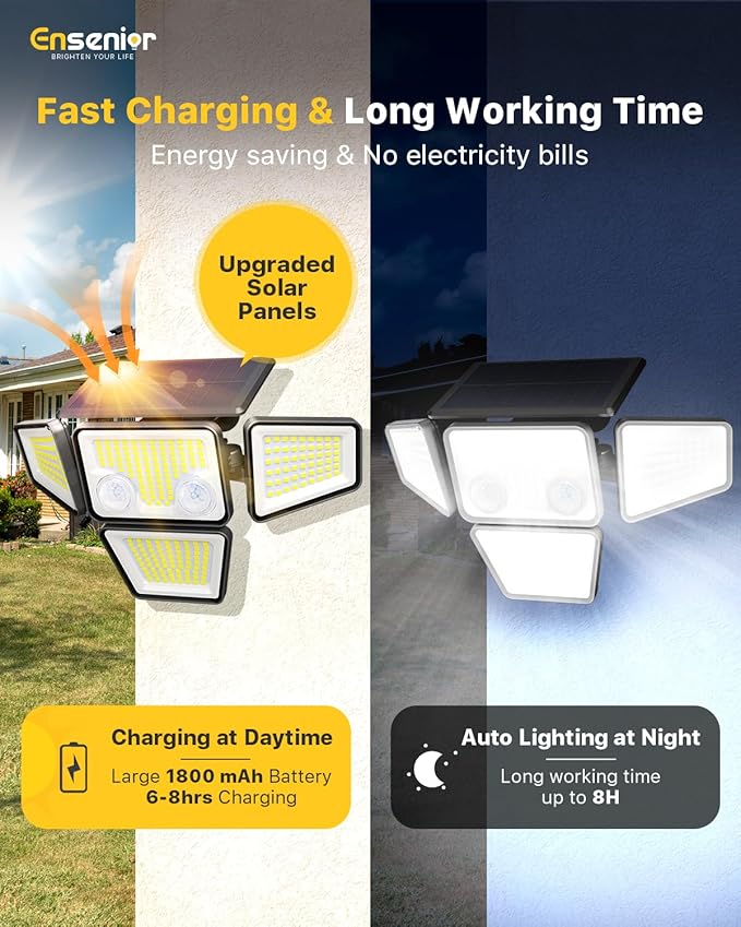 Ensenior Solar Lights Outdoor, IP65 Waterproof Motion Sensor Outdoor Light with Remote Control, 279 LED 4 Heads Solar Security Light with 4 Mode, 270° Wide Angle Solar Flood Light for Outside, 4 Packs