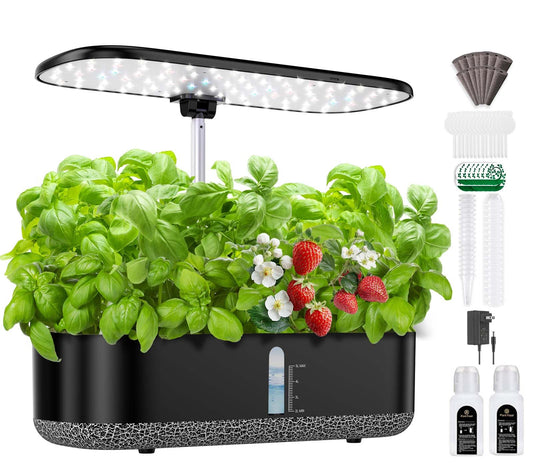 Hydroponics Growing System with LED Grow Light, 14 Pods Indoor Herb Garden Full Spectrum Rotatable Light Panel, Auto On Off Timing 12 14 16Hrs, 5L Water Tank, Harvest Fresh Basil Tomato (Black)