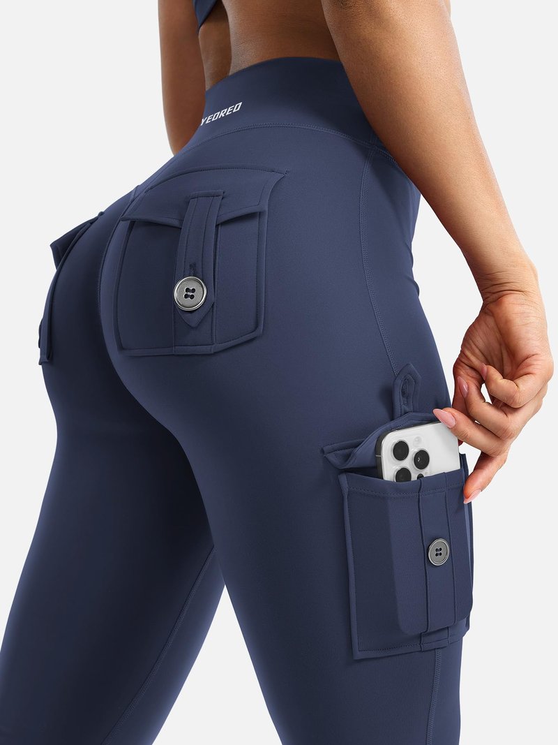 YEOREO CoreFlex Women Workout Flare Leggings with Pockets Scrunch Cargo Gym Yoga Leggings Navy M
