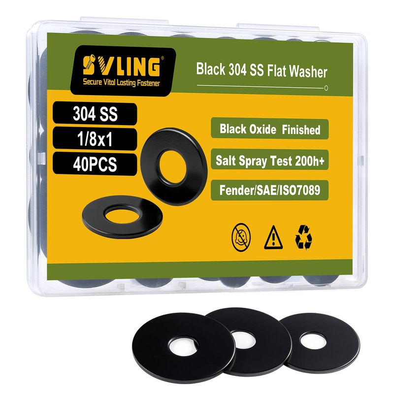 SVLING 40PCS 1/8" x1" Fender Washers, Black Oxide 304 Stainless Steel 18-8, 1/8" ID x 1" OD Hardware Flat Washers for Screws Bolts