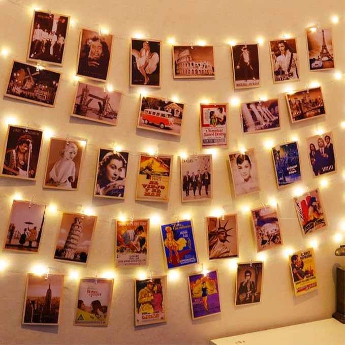 HXWEIYE 50LEDs Photo String Light, Warm White 16.4Ft Battery Powered Fairy Light with 52 Clear Clips & 10 Hooks on Wall for Hanging Picture Dorm Bedroom Party