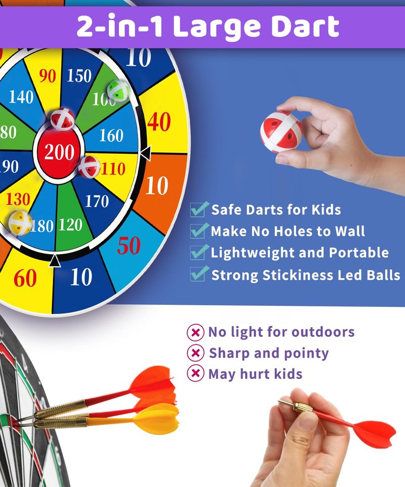 2 in 1 29" Large LED Dart Board for Kids, Kids Dart Board with LED Sticky Balls for Boy Toys, Indoor & Outdoor Sport Fun Party Kids Toys Games,Birthday Gifts for 4-12 Year Old Boys&Girls（Dinosaur ）