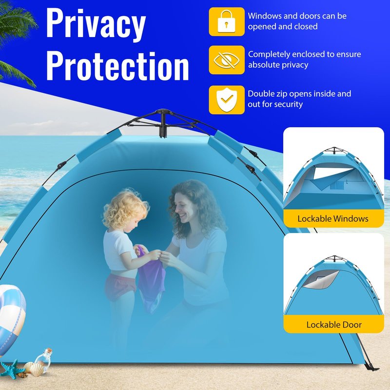 Pop Up Beach Tent Sun Shelter – Easy Set up in 3S Instant, Tents for 4/5 Person Beach Umbrella Sun Shelter Shade, UV 50+ Protection, Wind Resistant, Lightweight Portable Baby Tents Shade for Family