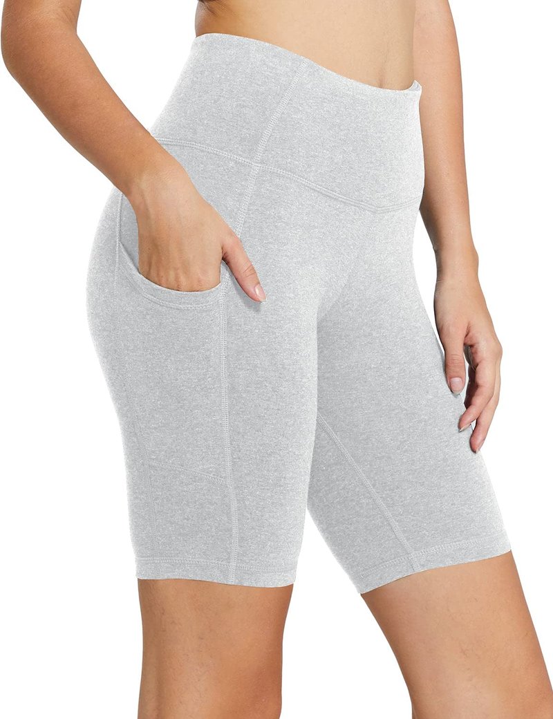 baleaf Biker Shorts Women Yoga Gym Workout Spandex Running Volleyball Tummy Control Compression with Pockets 8" Light Grey S