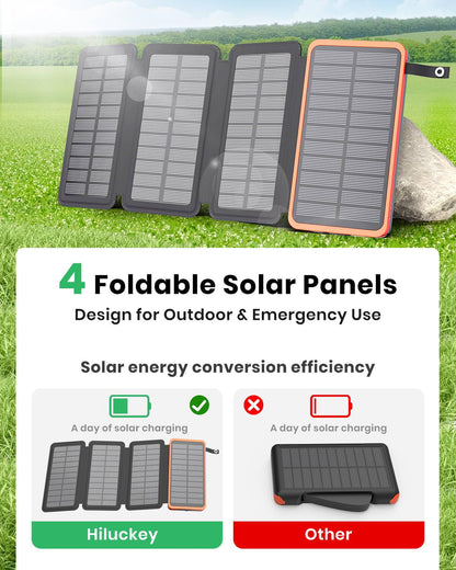 Hiluckey Solar Charger 25000mAh, Outdoor USB C Portable Power Bank with 4 Solar Panels, 3A Fast Charge External Battery Pack with 3 USB Outputs Compatible with Smartphones, Tablets, etc.