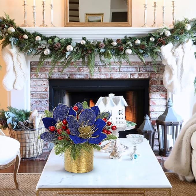 13 inch Blue Christmas Table Centerpiece 5" Glitter Magnolia Flower and Berries Fir Greenery Artificial Christmas Floral Centerpiece in Silver Ceramic Pot Tabletop Xmas Table Arrangement Decor