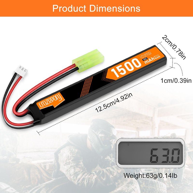 Crazepony 7.4V Rechargeable Airsoft Battery, 2S LiPo Battery 1500mAh 35C High Discharge Rate Lipo Pack with Mini Tamiya Plug for Airsoft Model Guns Rifle