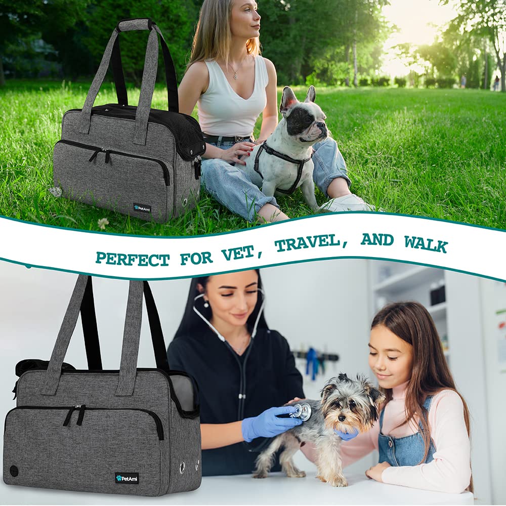 PetAmi Small Dog Purse Carrier, Soft-Sided Pet Carrier Bag with Pockets, Portable Medium Dog Puppy Large Cat Travel Handbag Tote, Airline Approved Breathable Mesh, Poop Dispenser Sherpa Bed, Dark Gray