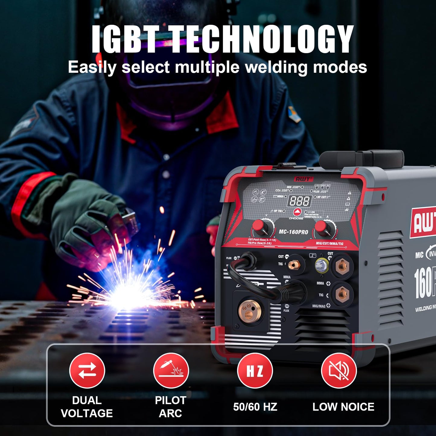 AWT MIG Welding Machine,160A 5 in 1 Plasma Cutter Welder Combo HF TIG/Gas MIG/Flux MIG/Stick Welding,110/220V Dual Voltage, Multi-Process Welder MIG88-160M