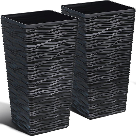 Worth Garden 2-Pack Black Tall Planter - Plastic Square Tapered Tree Plant Pots with Drainage Hole for Indoor Outdoor - 22" H Modern Wavy Finish Decorative Flower Pots for Front Porch Patio Deck