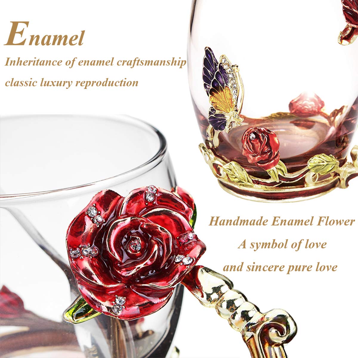 Kaiyuan Dynasty Tea Cup Glass Coffee Mugs Enamel Rose Flower Butterfly Drinking Cups with Spoon Set for Birthday Wedding Red Rose Tall Mug 12oz