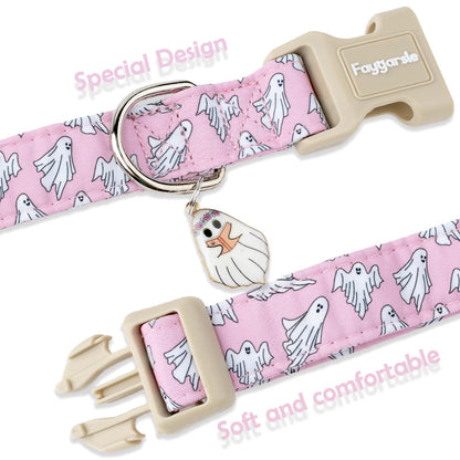Faygarsle Pink Ghost Pattern Dog Collar with Charm, Halloween Pet Necklace, Adjustable Collar for Small Medium Large Dogs M