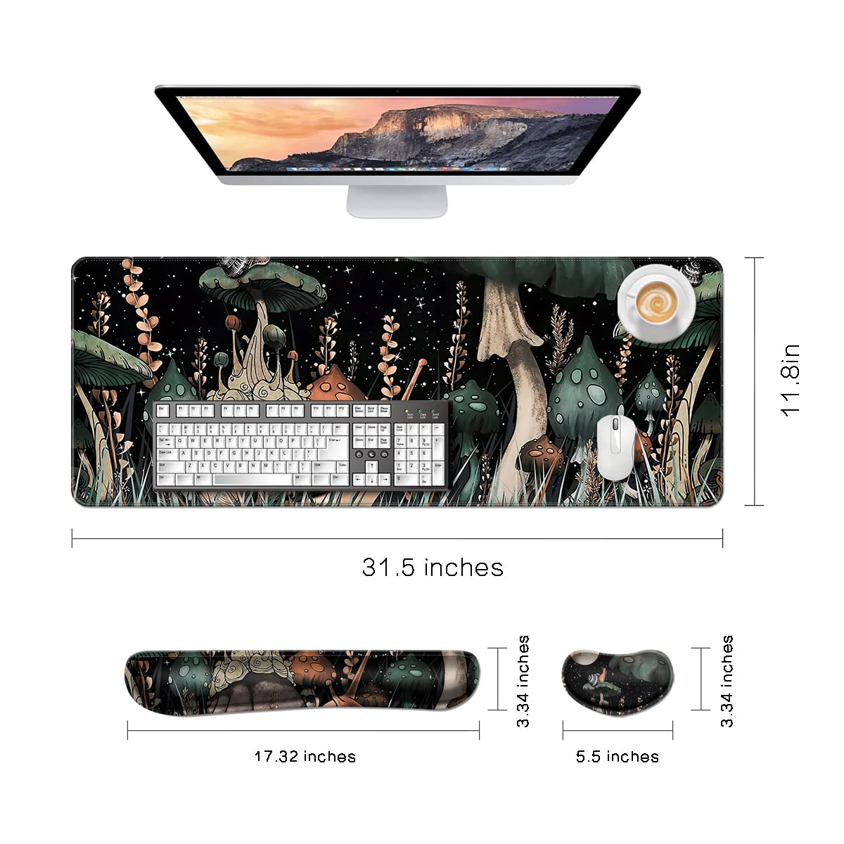 MIBITRI Keyboard Mouse Pad Set, Extended Gaming Mouse Pad+Ergonomics Keyboard Wrist Rest Support, Memory Foam, Easy Typing Pain Relief, 3Pcs XXL Ultra Thick Desk Mat, Snails and Mushroom
