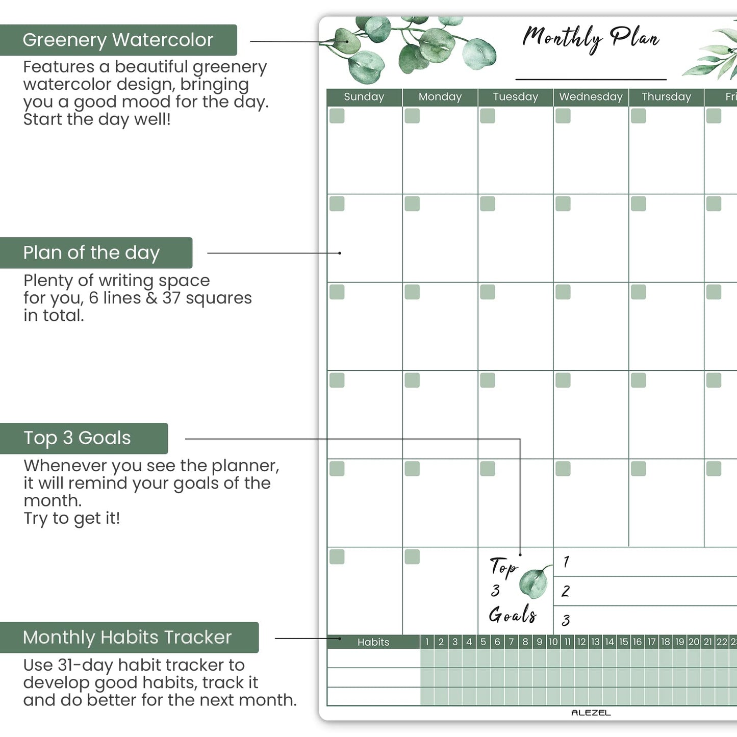 ALEZEL Magnetic Dry Erase Calendar for Fridge, Greenery Monthly Fridge Calendar Whiteboard Set - Vertical Monthly Calendar for Refrigerator, Grocery & to Do List White Board, 3 Markers + Eraser
