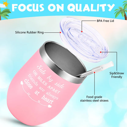 GINGPROUS 4 Pack Friend Wine Tumbler Set for Girls Trip Friendship Girls Weekend Long Distance Frineds, 12 Oz Stainless Steel Wine Tumbler with Lid and Straw, Mix Color