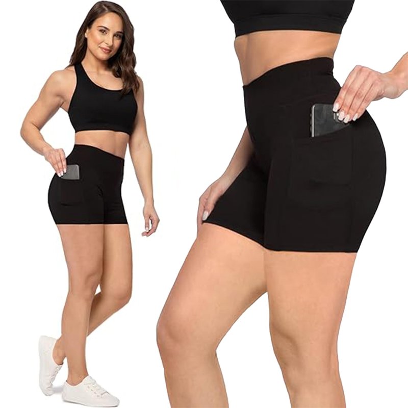 SATINA Biker Shorts for Women – 5-Inch High Waist Yoga Shorts with Pockets – Buttery Soft, Stretchy Peach Skin Fabric – Tummy Control & Moisture-Wicking – Black, Medium – Regular & Plus Sizes