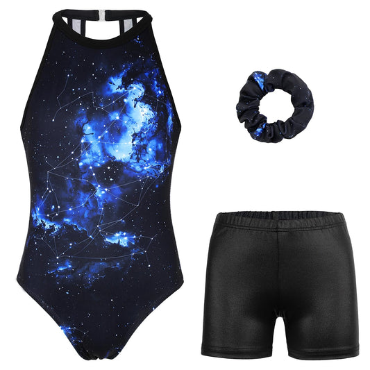 JOYSTREAM Gymnastics Leotards for Girls With Shorts Sparkly Ballet Dance Clasp Back Activewear Black Planisphere,6-7Years
