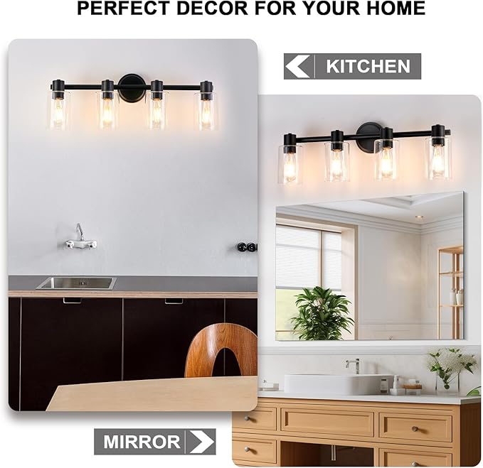 4 Light Bathroom Wall Light Fixtures Black Bathroom Wall Sconce with Clear Glass Lights Over Mirror Vanity Lights E26 Base