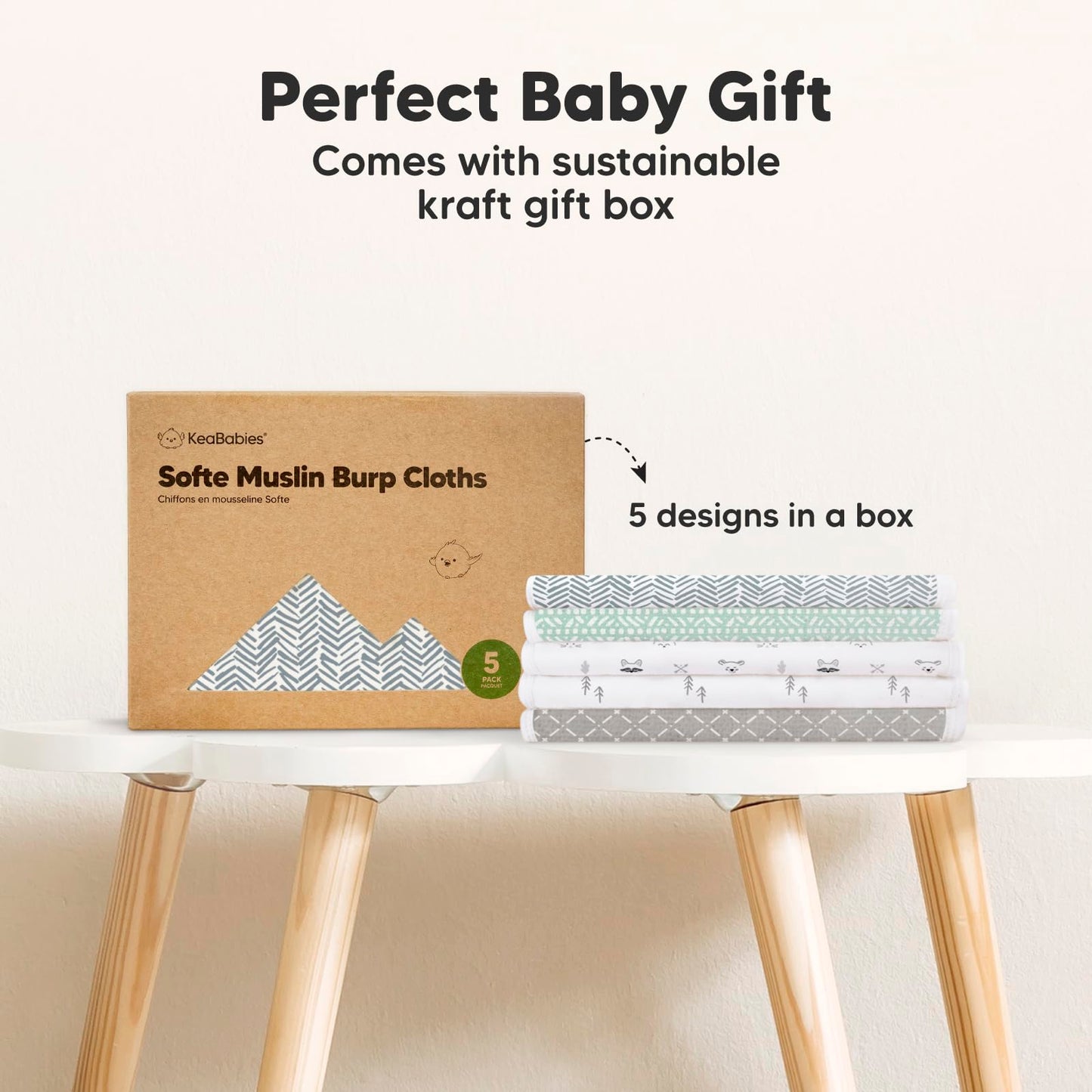 5-Pack Muslin Burp Cloths Baby Boy, Girl - Very Absorbent Baby Burp Cloth Rags, 8-Layers Viscose Derived from Bamboo Cotton Muslin Towel, Super Soft Spit Up Rags, No Shrink Washcloths (Nordic)