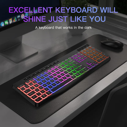 TECURS Wireless Keyboard QWERTY UK Layout, 2.4G Wireless Gaming Keyboard, LED Backlit, Ergonomic, Quiet, Rechargeable, Full Size Keyboard with Multimedia Keys for Computer/PC/Laptop/MAC/Windows