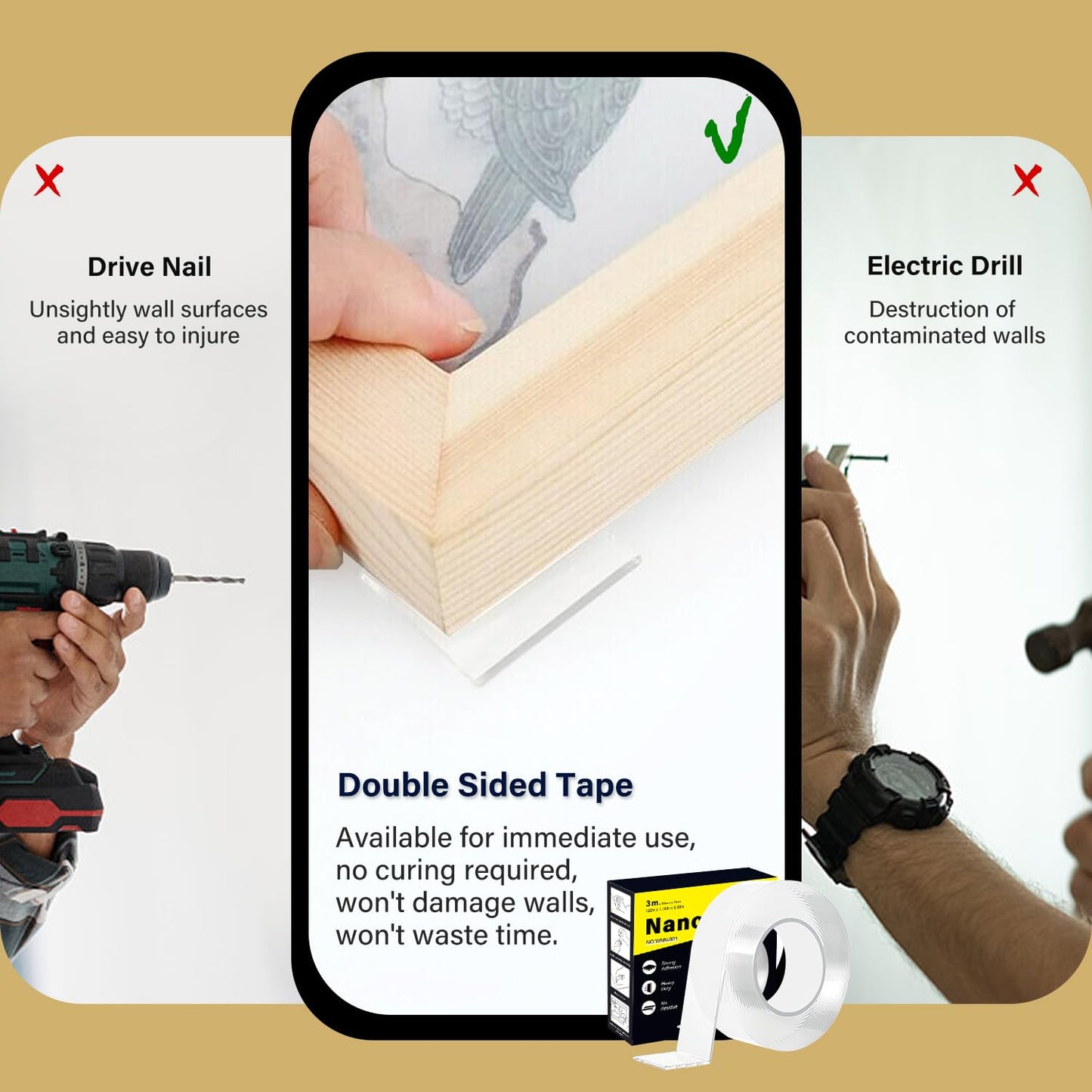 Double Sided Heavy Duty Extra Strong Adhesive Tape -Indoor/Outdoor General Purpose Nano Tape for Securing Picture Frames, Carpets. - Reusable and Without Leaving Adhesive Marks (1.18 inches x 10 feet)