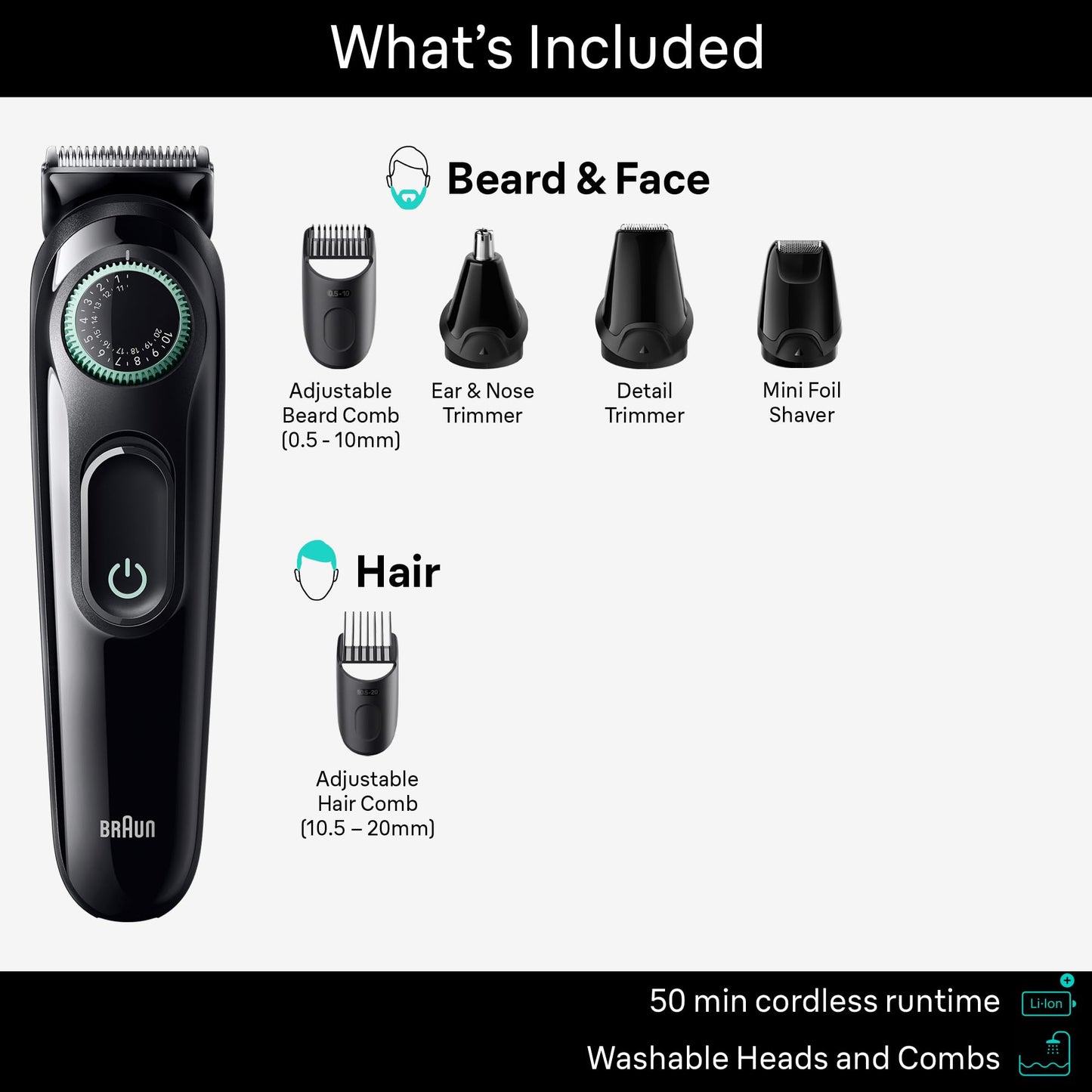 Braun All-In-One Style Kit Series 3 3430, 3-in-1 Trimmer for Men with Beard Trimmer, Ear & Nose Trimmer, Hair Clippers, Ultra-Sharp Blade, 20 Length Settings, Washable