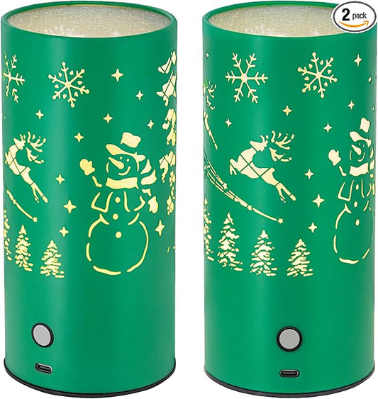 Christmas Table Lamp with Hollow-Out Design - Rechargeable Touch Control Dual Color LED, Warm/Cool White Metal Decor for Home Desk Party, 1200mAh Battery - 2pack(Greed)