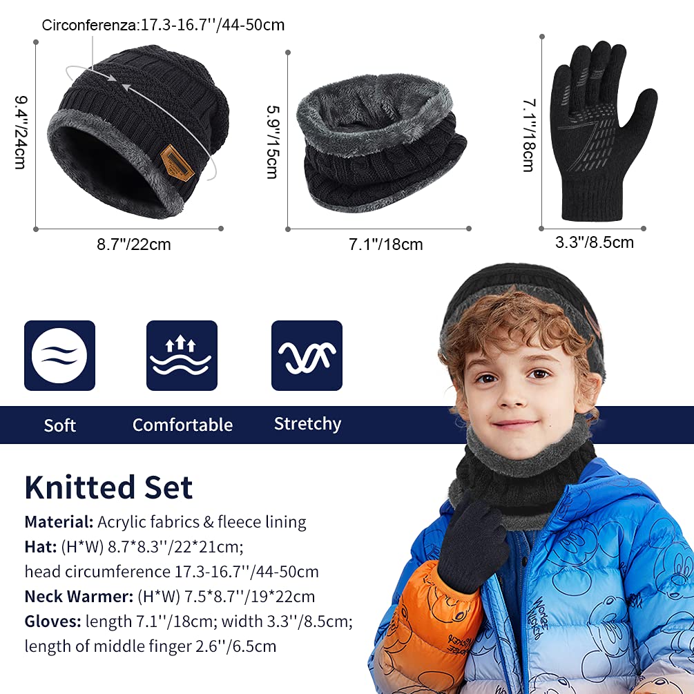 Kids Winter Hat Scarf Gloves Set - Warm Thermal Knitted Beanie Cap Snood Neck Warmer Touchscreen Anti-slip Mitten Outdoor Sports Soft Fleece Lining Elastic for Children Boys Girls Black Aged 5-10