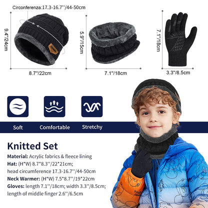 Kids Winter Hat Scarf Gloves Set - Warm Thermal Knitted Beanie Cap Snood Neck Warmer Touchscreen Anti-slip Mitten Outdoor Sports Soft Fleece Lining Elastic for Children Boys Girls Black Aged 5-10