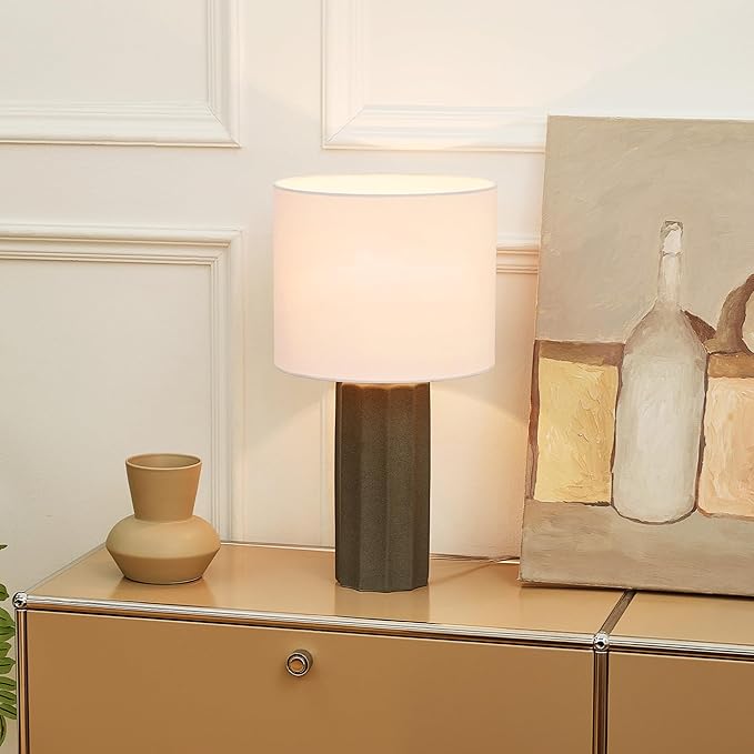 GLOBE Electric 61000061 20" Ribbed Ceramic Table Lamp, Dark Gray Concrete Finish, White Linen Shade, On/Off Rotary Switch on Socket, for Living Room, Bedroom, Office, Home Décor