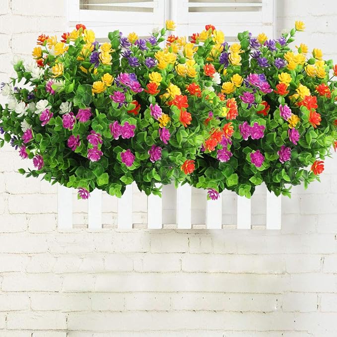 10 Bundles Artificial Flowers, Outdoor Gypsophila Baby's Breath Fake Flowers, UV Resistant Faux Greenery Shrubs Hanging Plants for Home Wedding Garden Porch Window Decoration (Round Leaves)