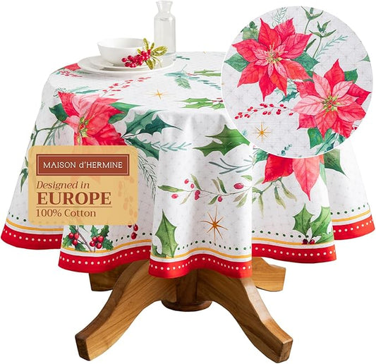 Maison d' Hermine Table Cloth Round Table 100% Cotton 63 Inches Fall Tablecloth Reusable Everyday Use for Thanksgiving Christmas Decorations Dining Farmhouse Party (Poinsettia Christmas)