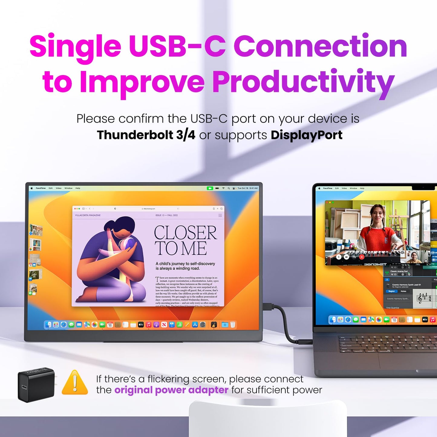 Portable Monitor 15.6" FHD 87% sRGB 60Hz IPS HDR HDMI USB-C Travel Monitor for Laptop MacBook PC Surface PS5 Xbox, External Display with Kickstand & Speakers, VESA Compatible
