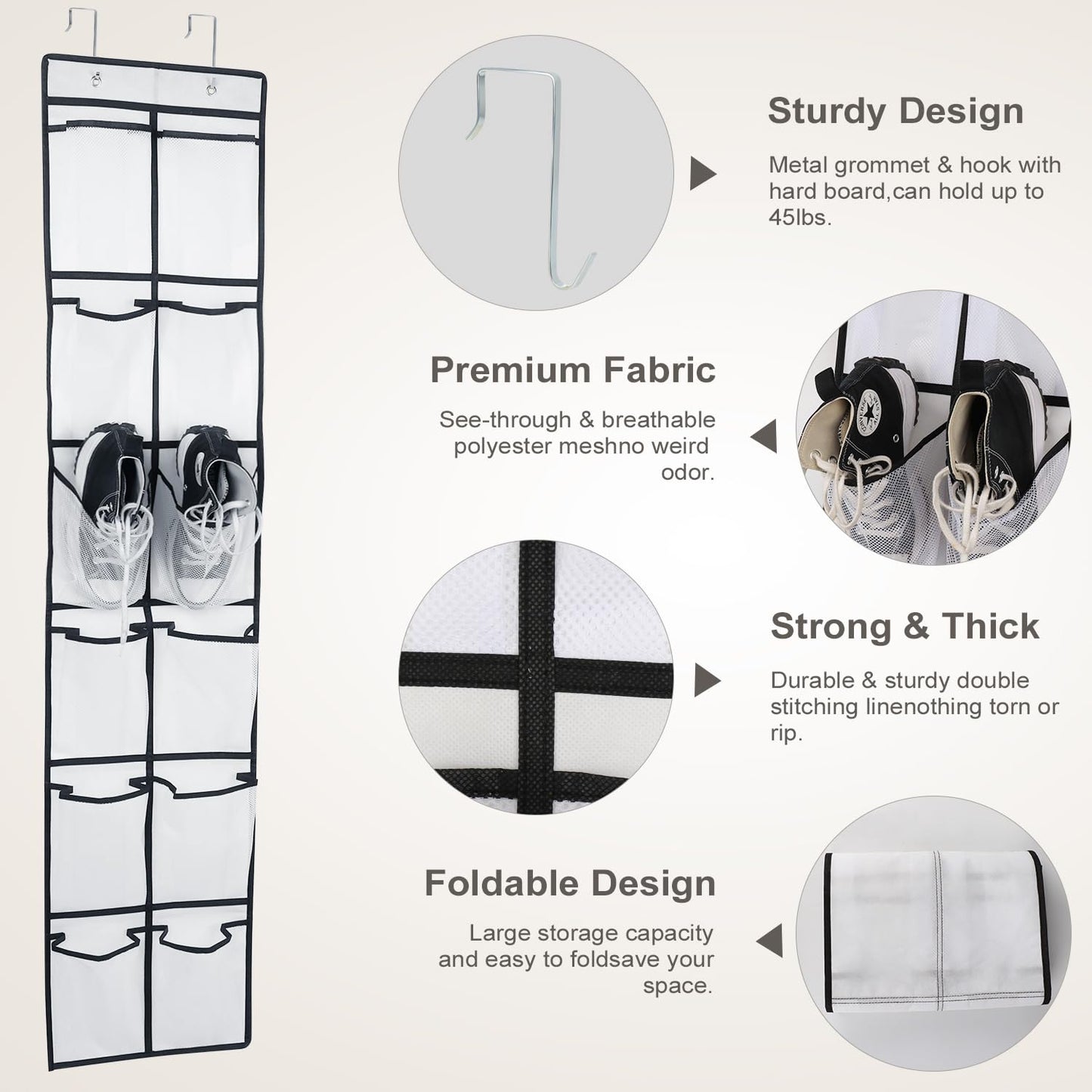 GOMAJI 12 Large Pockets Over The Door Hanging Shoe Organizer, White