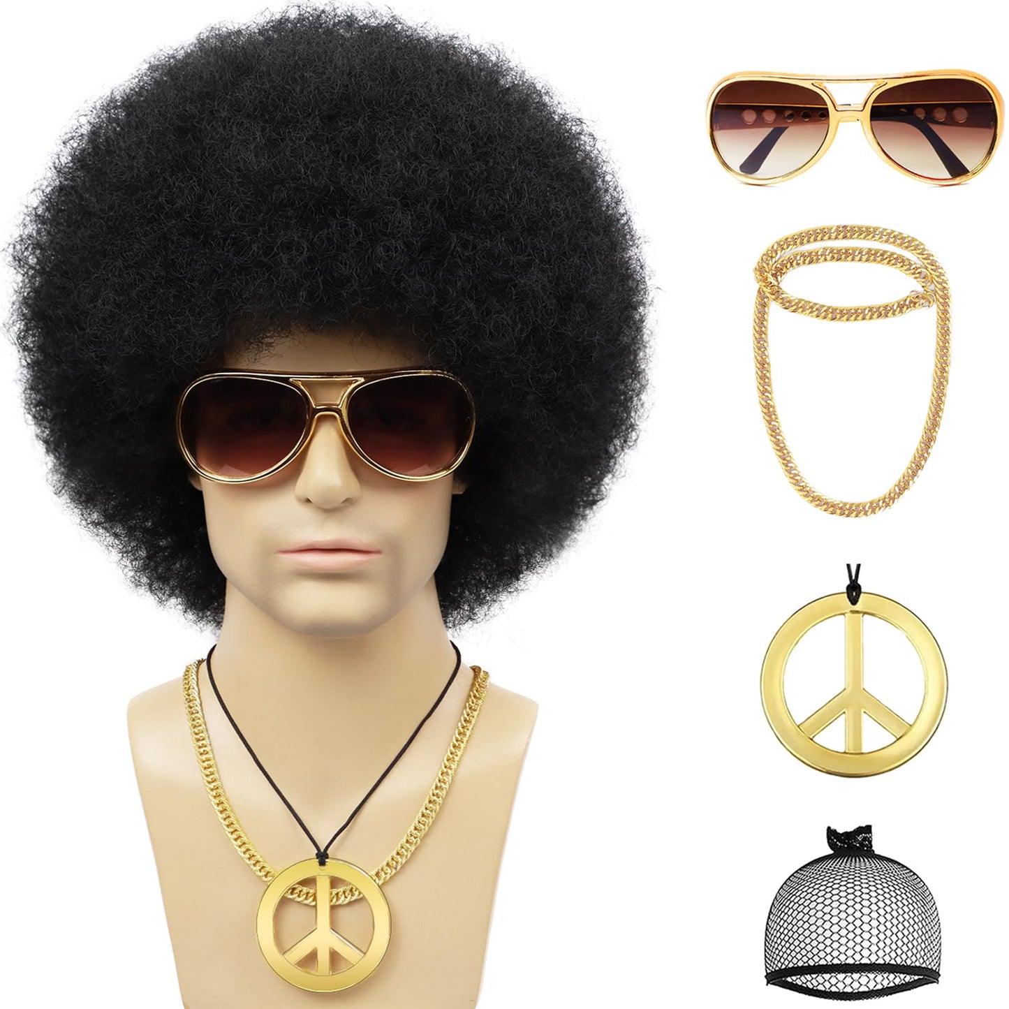 Tereshar 70s Mens Afro Wig for Disco Party, 5pcs Set (Glasses+ Golden Chain+Peace Sign Necklace+ Wig Cap) Black Afro Curly Retro Disco Hippie Wigs for 70s 80s Costume Halloween Cosplay Use